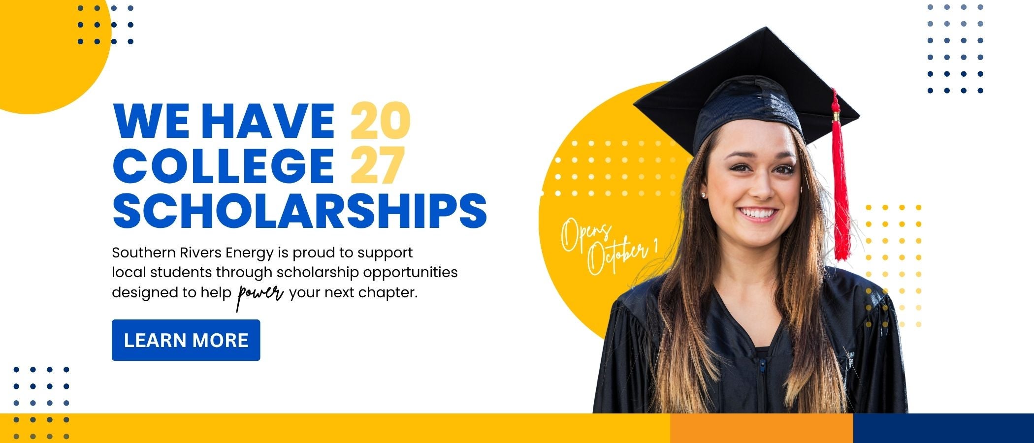 Girl in graduation cap and gown with scholarship info